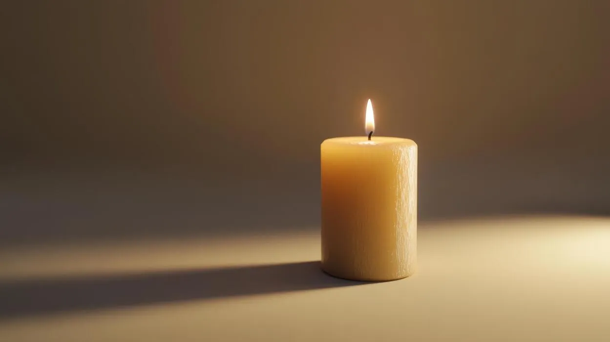 A memorial candle burning brightly in a quiet room, signifying remembrance and peace.