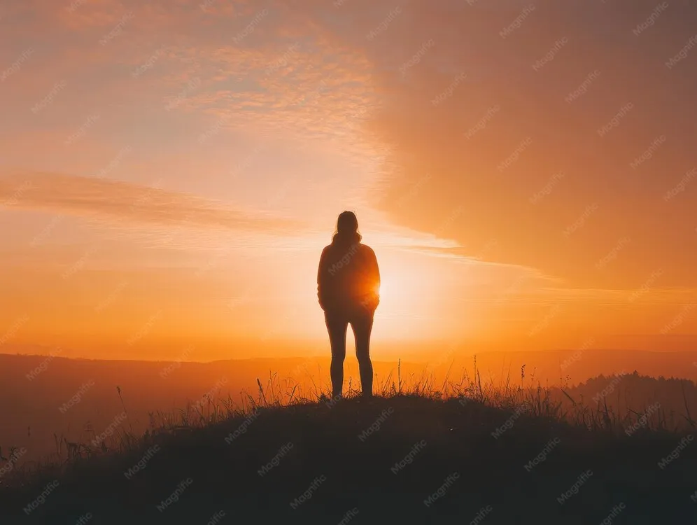 A silhouette of a person standing in a field at sunset, reflecting on memories.