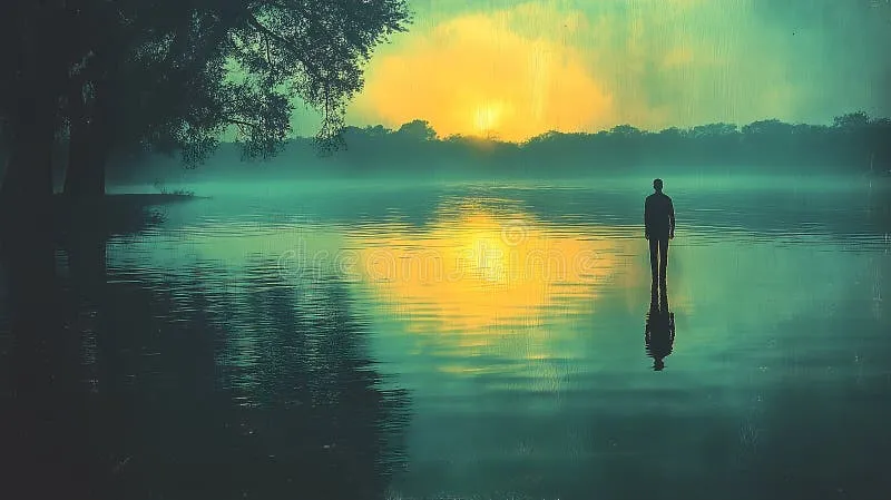 A silhouette of a person standing by a calm lake at sunset