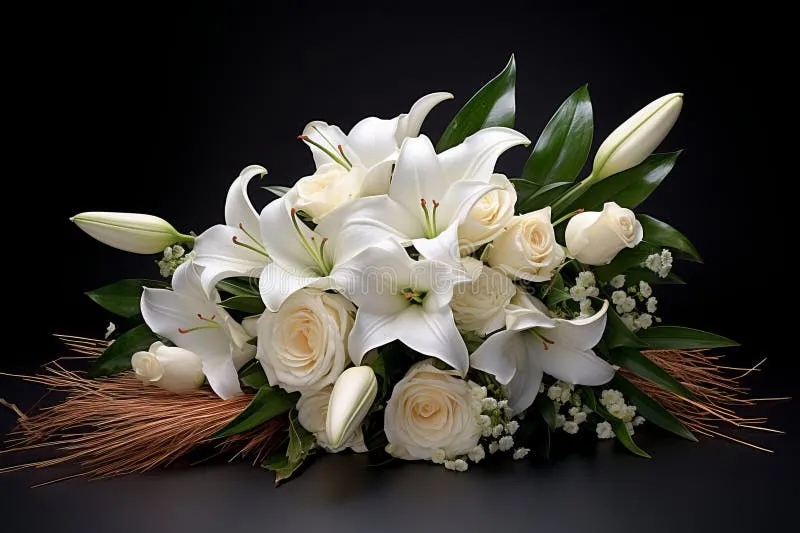 A hand-written sympathy card resting on a wooden table next to a small bouquet of white lilies.