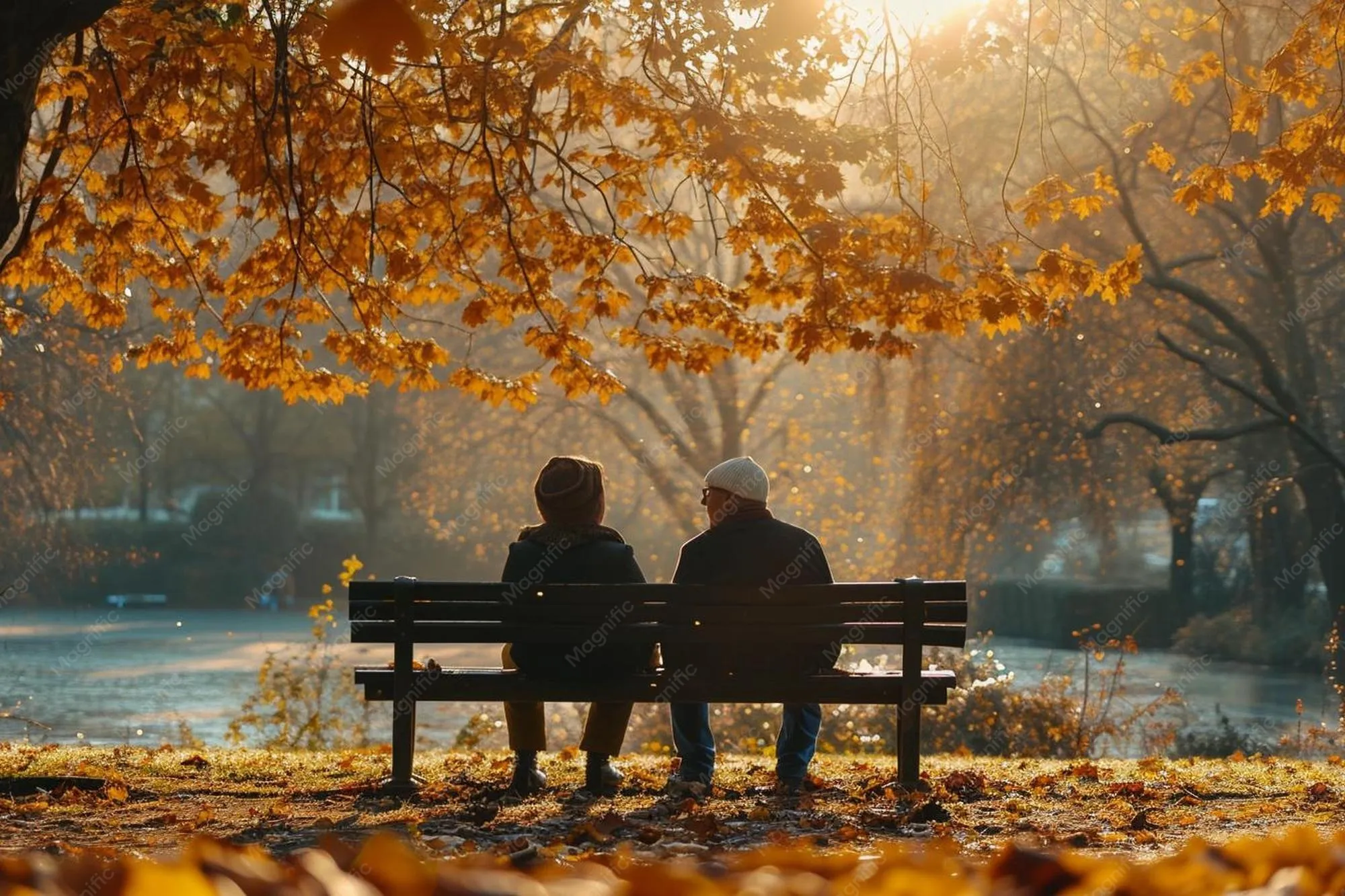 Two people sitting on a bench in a park, one comforting the other, blurred green trees in the background.