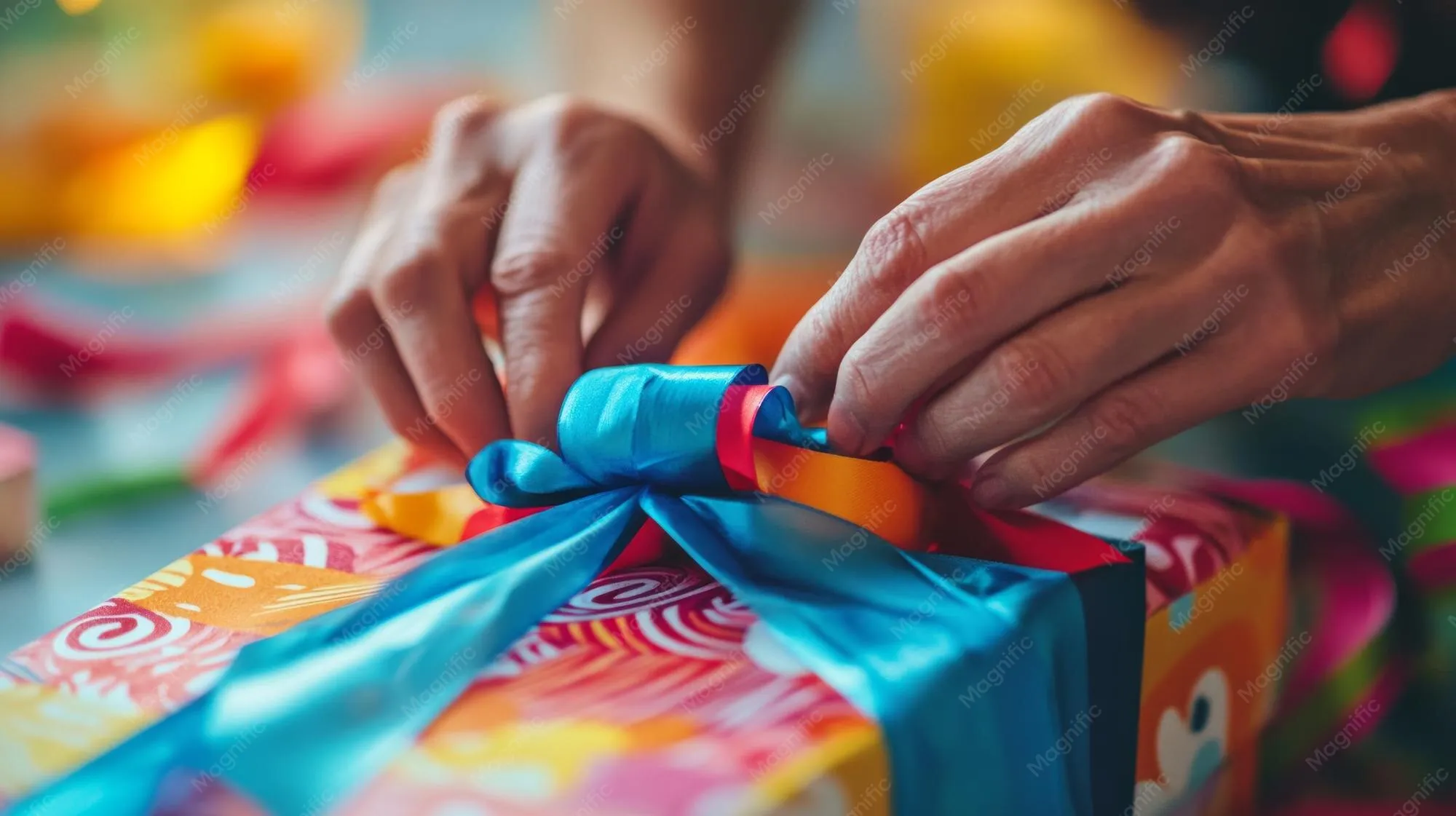 A person wrapping a gift