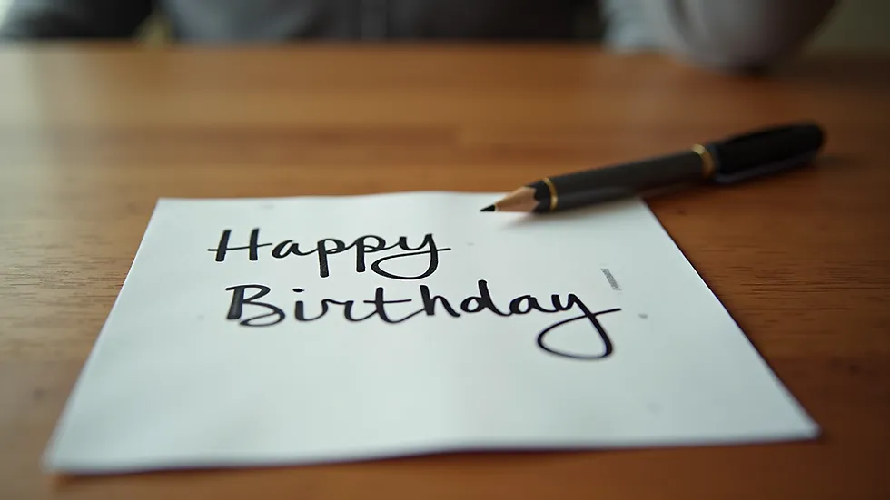 Close-up of a handwritten birthday card on a desk