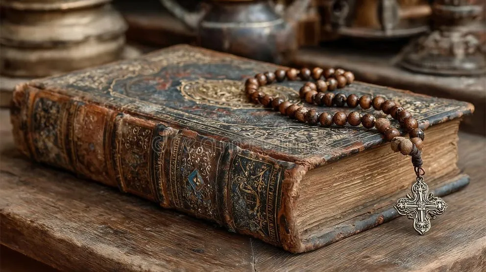 An open antique Bible next to a rosary on a wooden altar