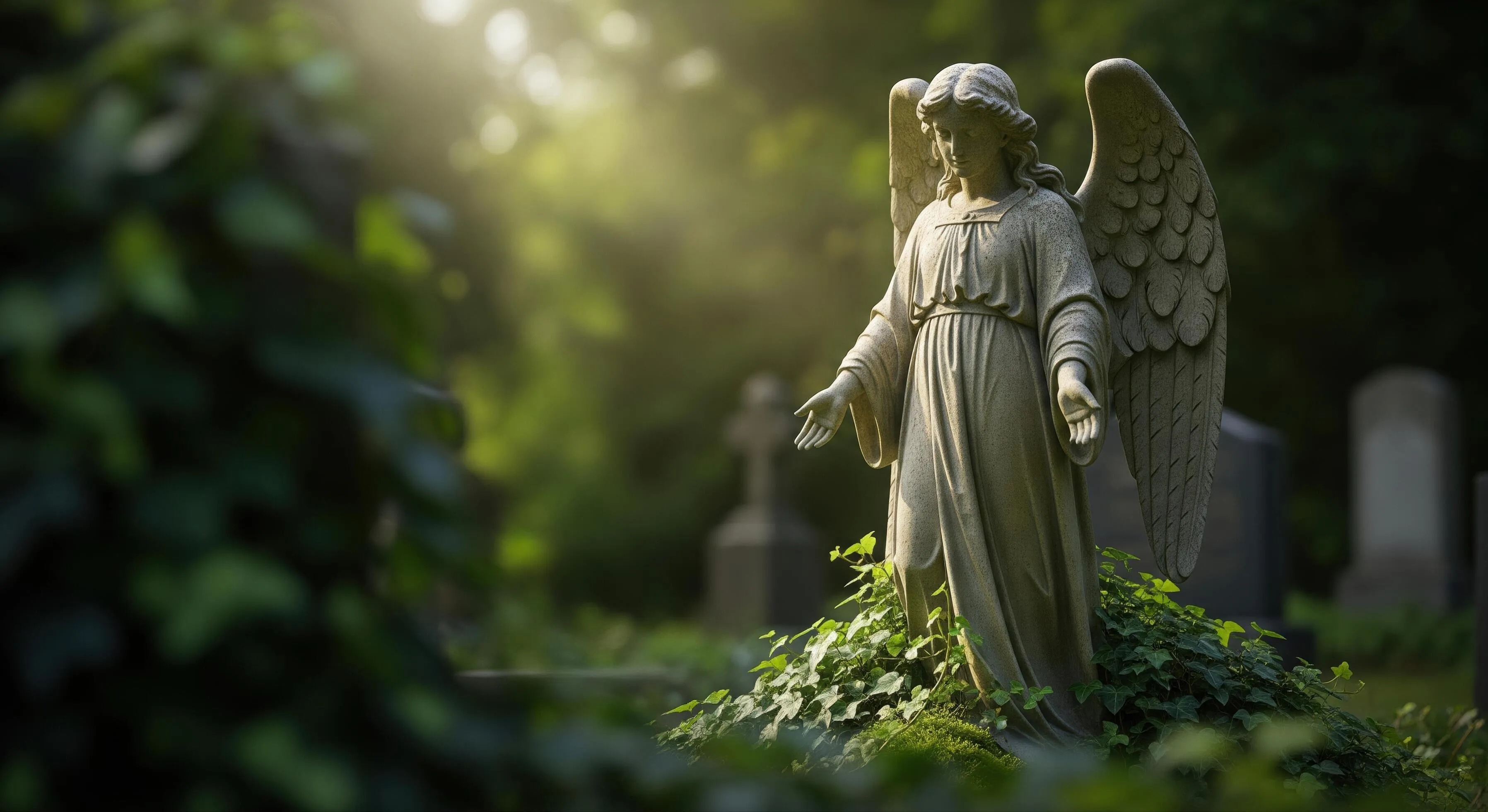 A peaceful garden statue of an angel looking down with hands folded