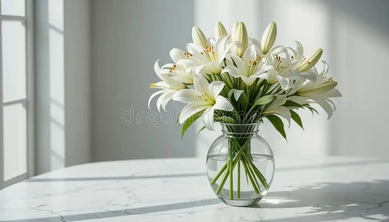 A calm and quiet office lobby with a bouquet of flowers