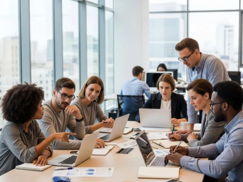 A team of professionals collaborating in a supportive and quiet manner