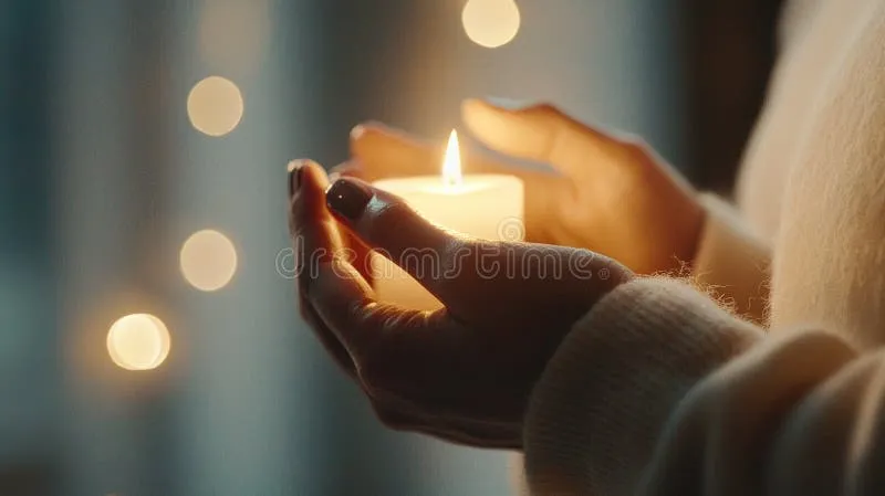 A person lighting a small memorial candle in a quiet room