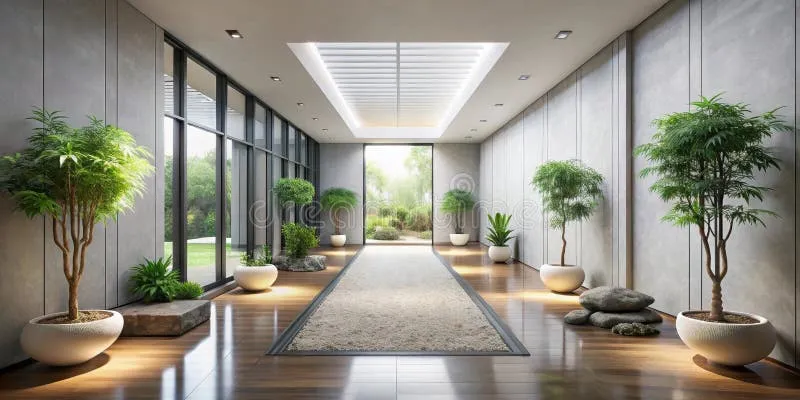 A calm office hallway with soft lighting and a plant