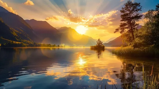 A peaceful landscape during sunset, suggesting peace, transition, and a quiet, respectful atmosphere for mourning.