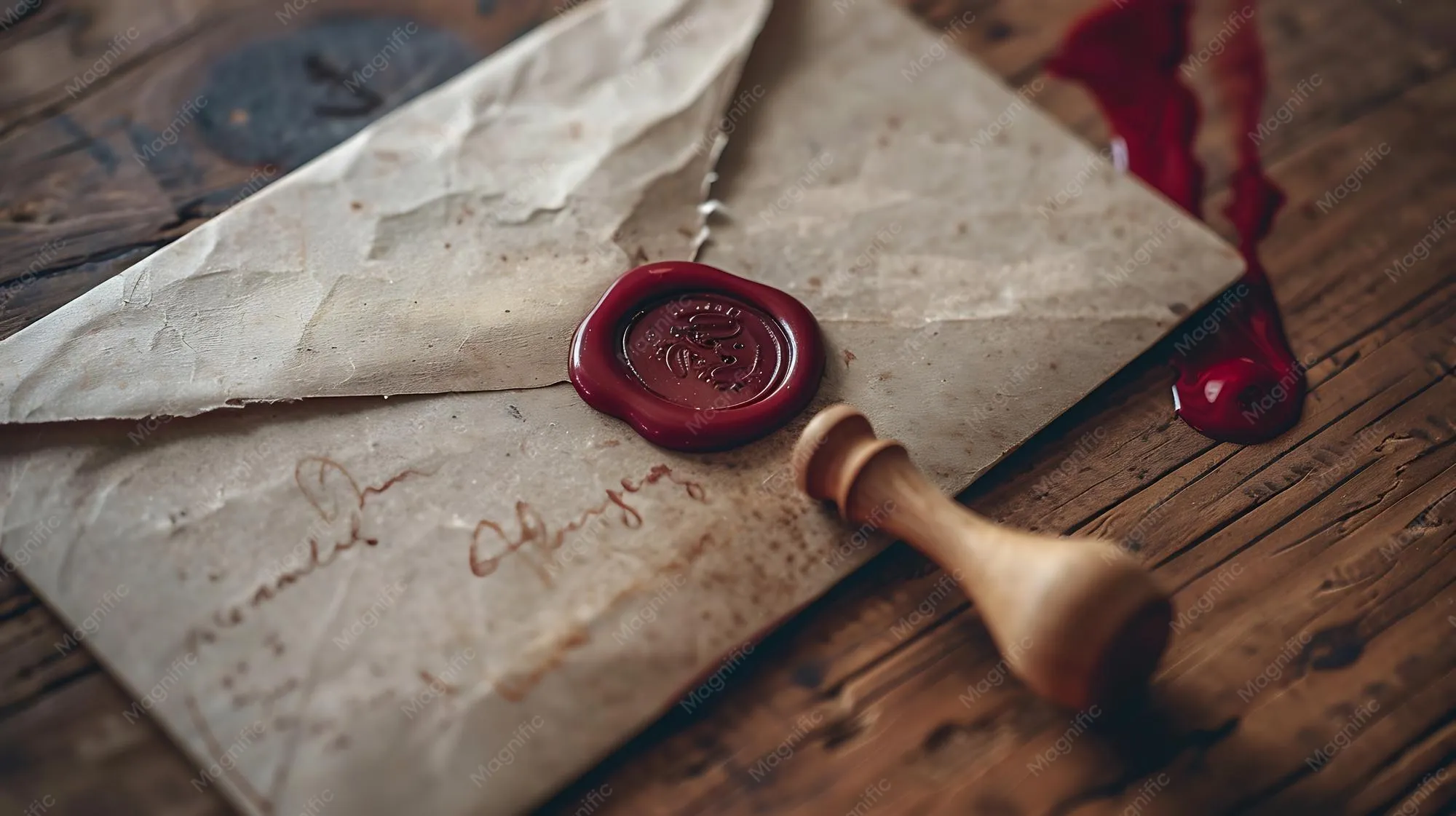 A handwritten letter inside a classic envelope being sealed with wax
