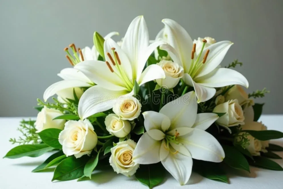 A bouquet of sympathy flowers on a table.