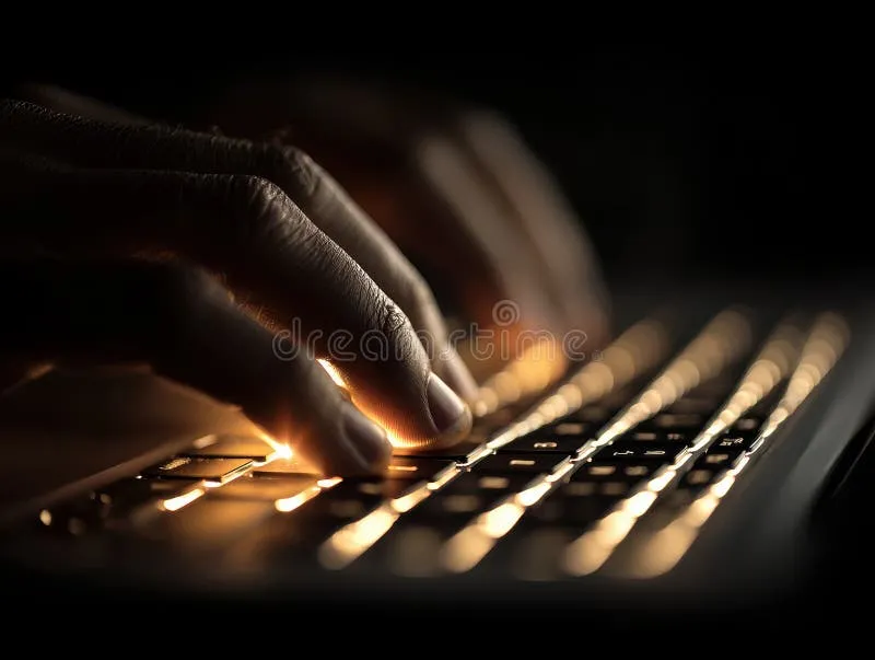 Thoughtful hands typing on a laptop keyboard at night