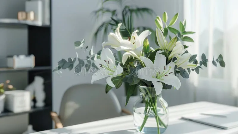 Professional setting with a vase of white lilies
