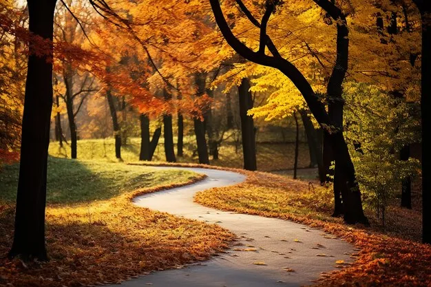 A peaceful garden path with autumn leaves, representing the passage of time and the beauty of life, suitable for a remembrance card background.