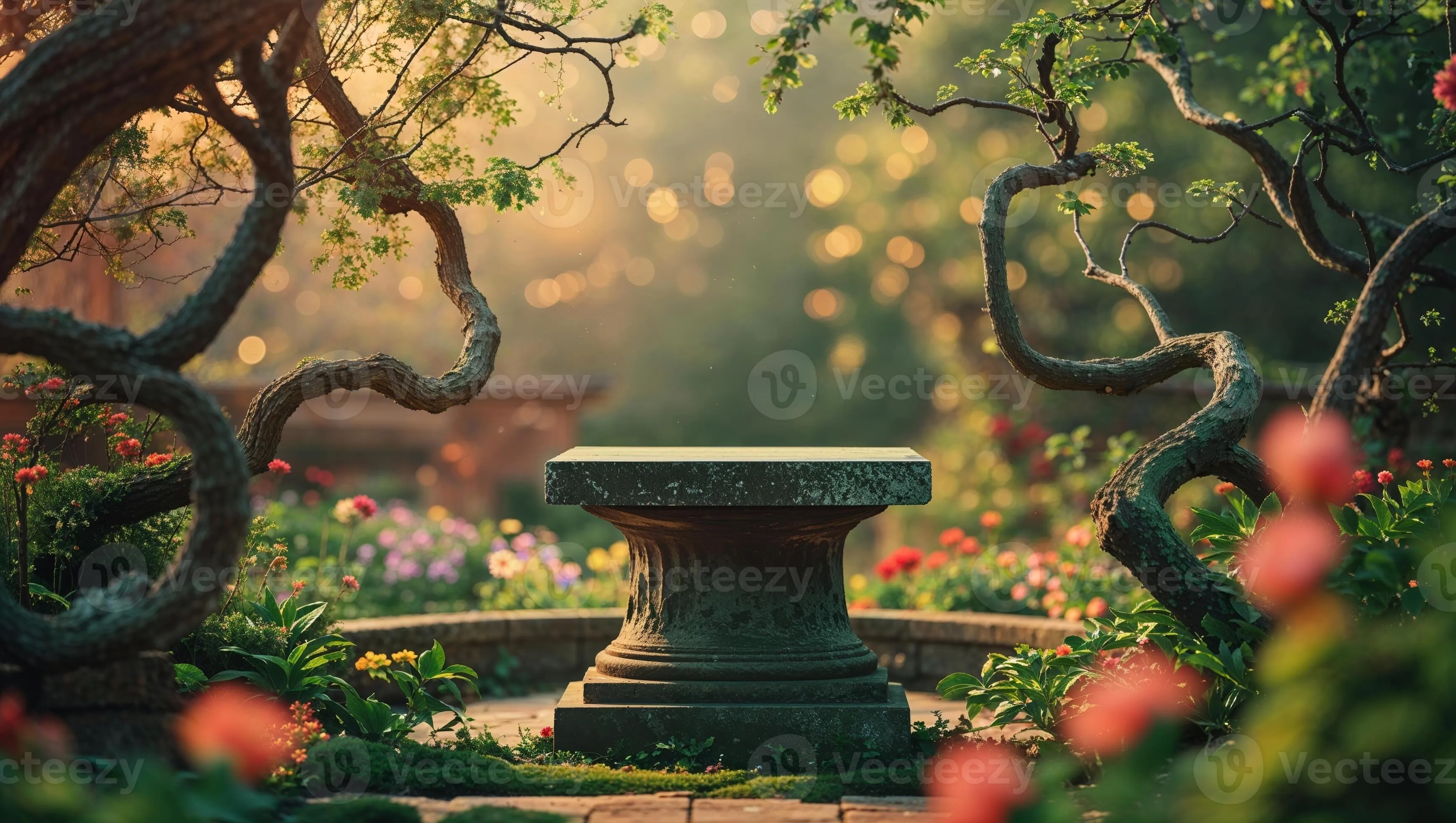 A small stone memorial in a garden dedicated to a pet, surrounded by soft flowers.