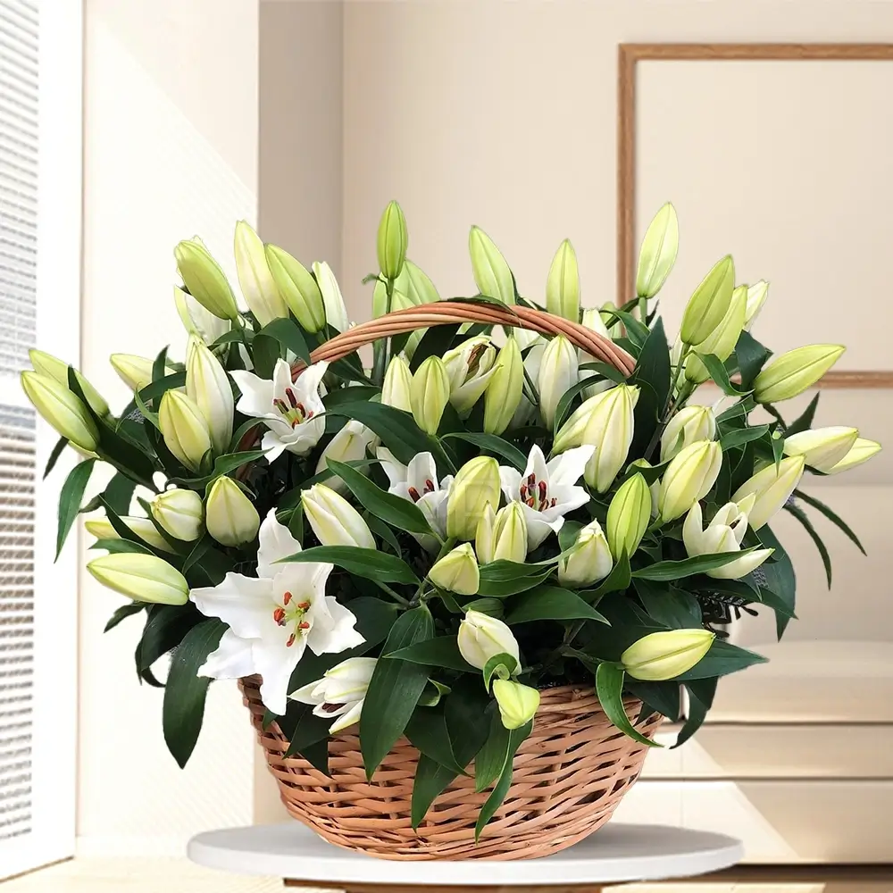 A variety of flowers in a basket, intended as a sympathy gift for a friend.