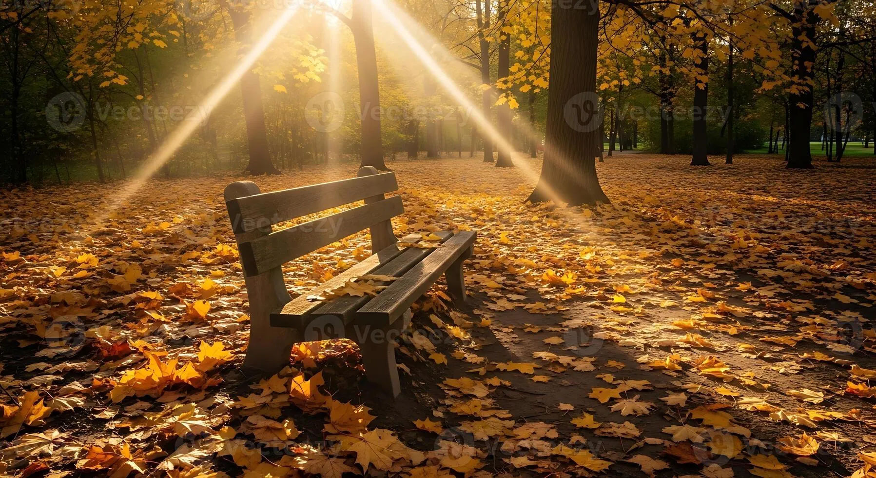 A quiet park bench with autumn leaves, signifying peace and reflection