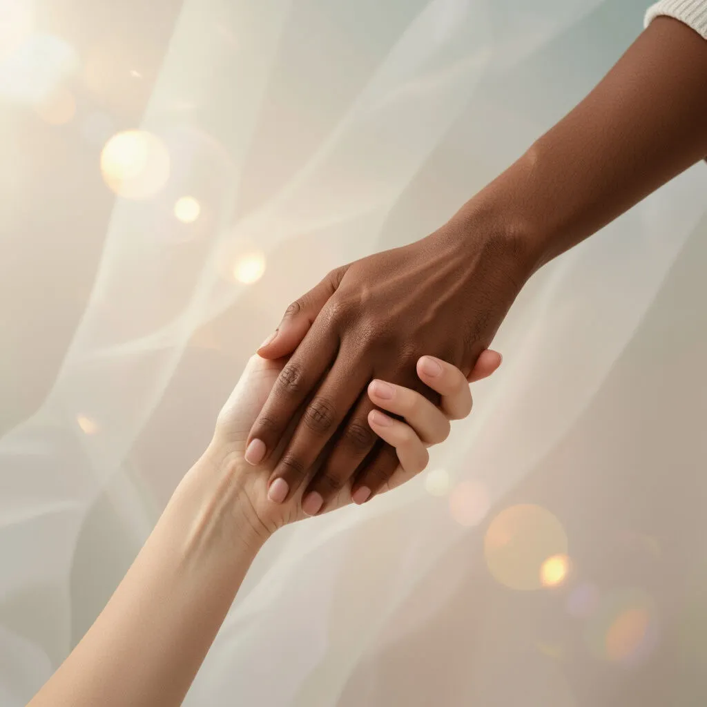 A comforting hand held between two people representing support