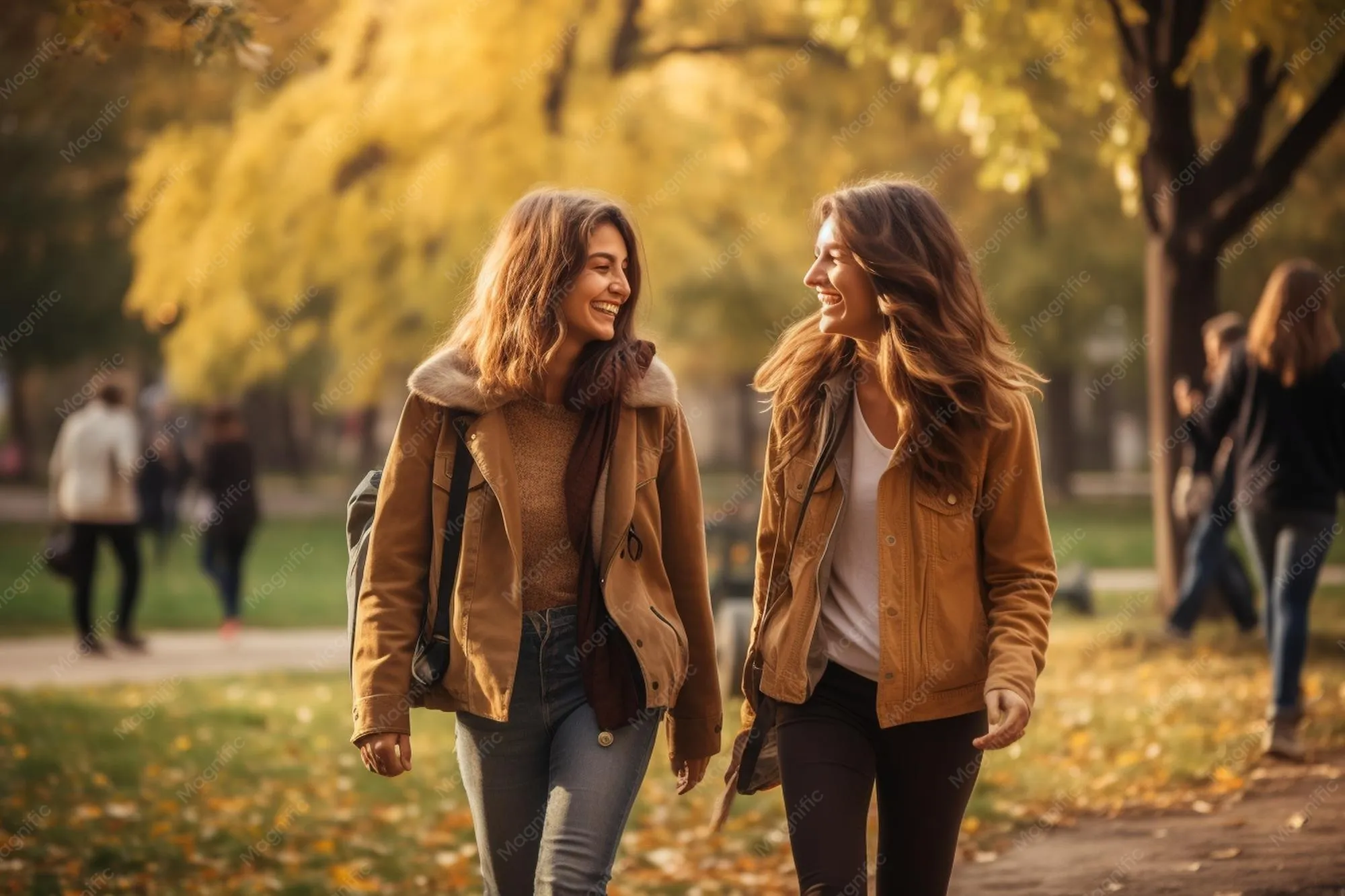 A pair of friends walking in a park, one supporting the other