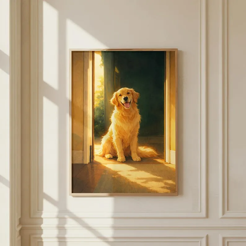 A dog owner holding a framed photo of their pet looking out a window