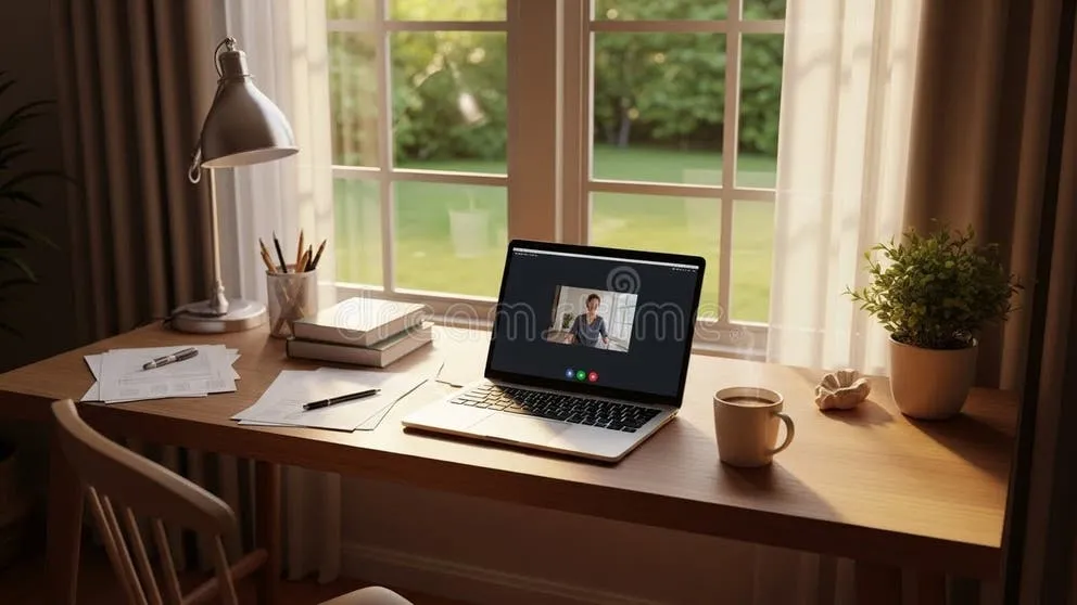 A professional workplace environment with a person checking emails at a clean, modern desk