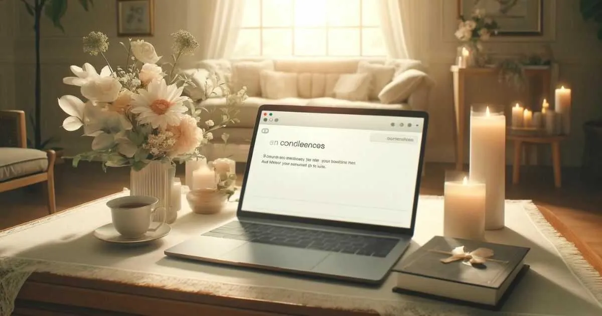 Condolence email open on laptop screen in a quiet office setting