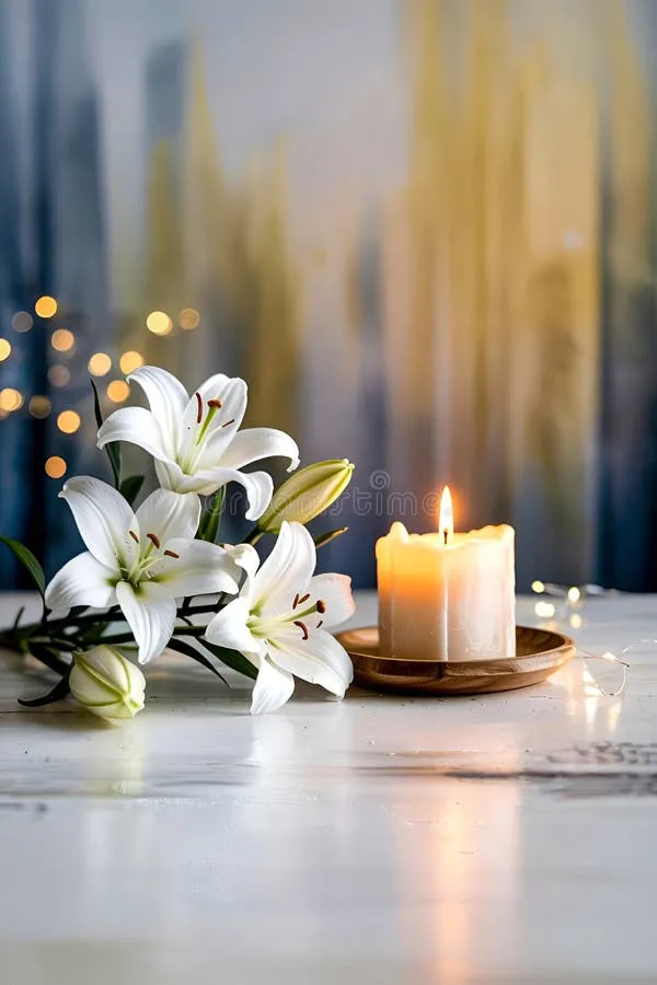 A closed sympathy card beside a lit candle on a neutral background