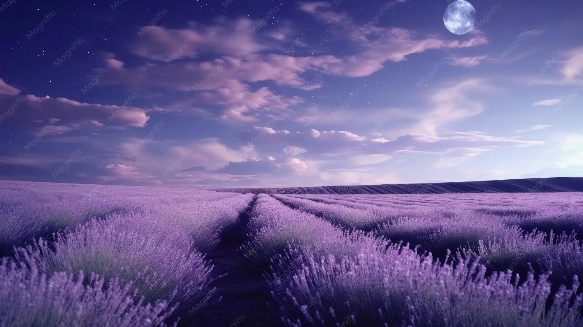 Open field of lavender under a calm, dusky sky