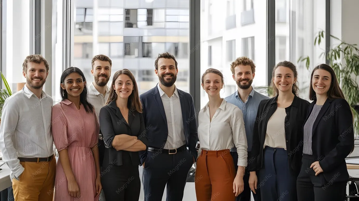 A group of colleagues standing together in a professional setting showing support.