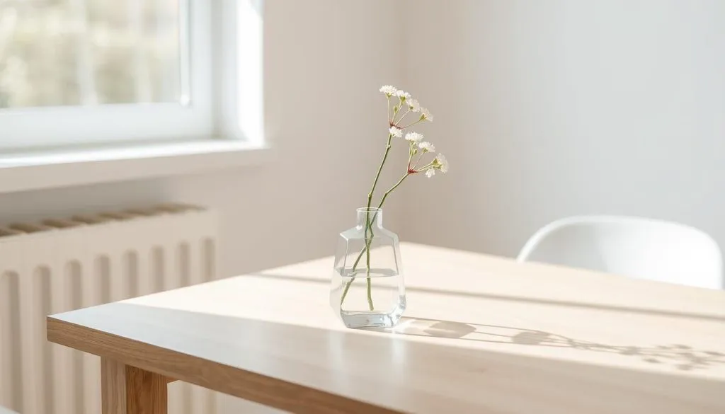 A simple, minimalist bunch of flowers on a table, symbolizing comfort and sympathy.
