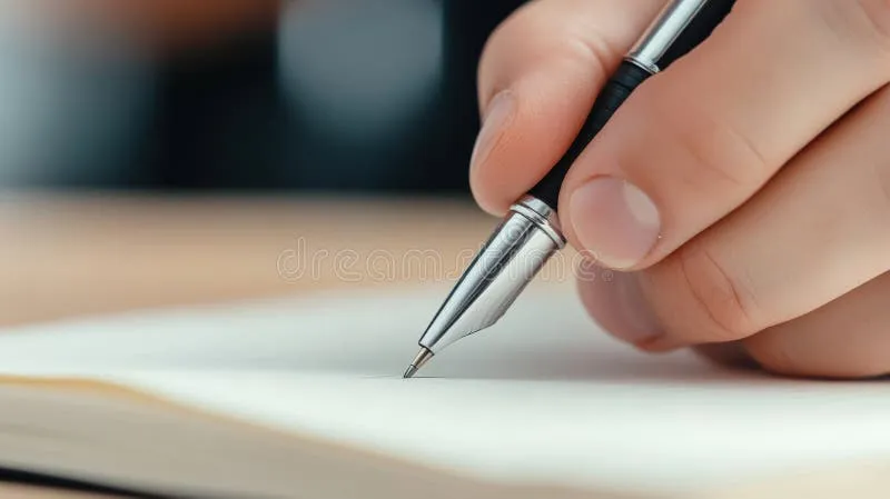 Close up of a hand writing a sympathy card on a wooden table