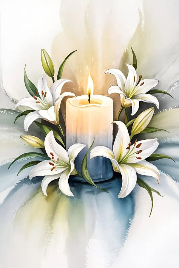 A bouquet of white lilies next to a sympathy card
