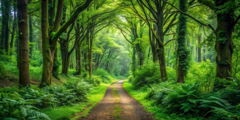 A peaceful garden scene with a path and trees