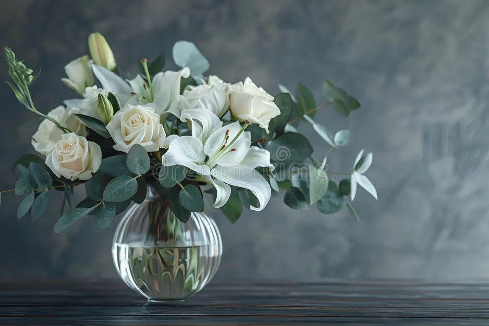 A small bouquet of sympathy flowers placed on an office desk.
