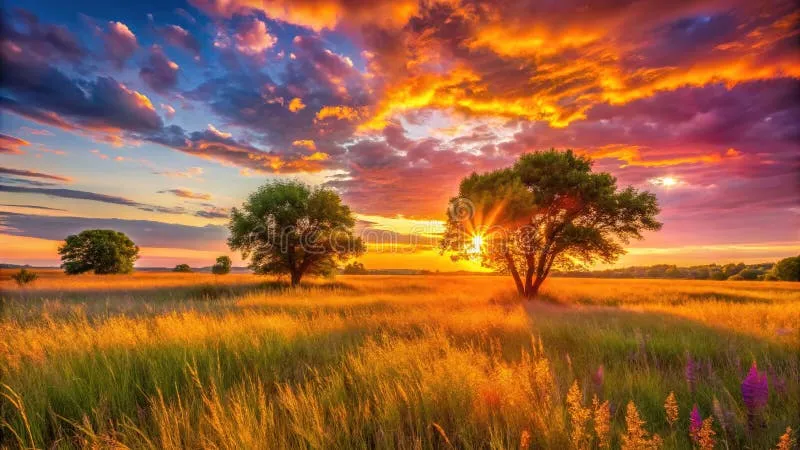 A sunset over a peaceful meadow