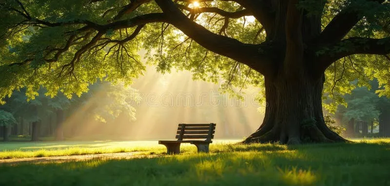 A peaceful garden bench in late afternoon light