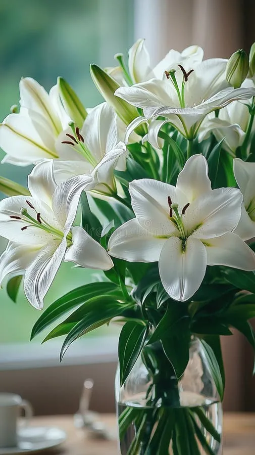 A bouquet of white lilies on a windowsill