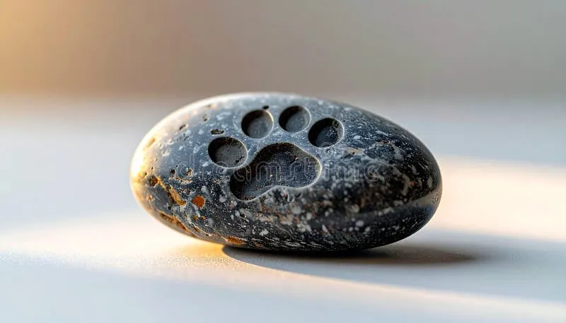 Close up of a person's hand holding a small, polished memorial stone engraved with a paw print