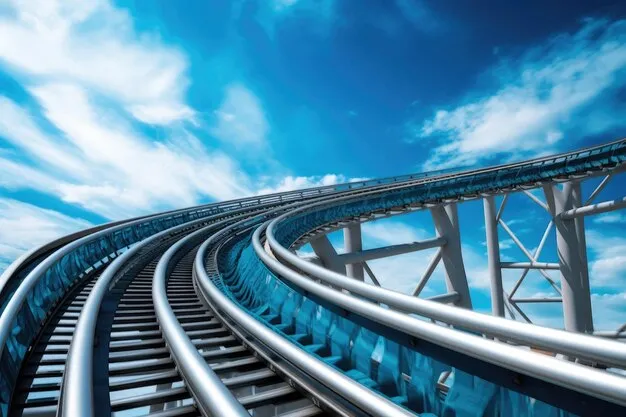An empty rollercoaster track under a dramatic, sunny Florida sky.