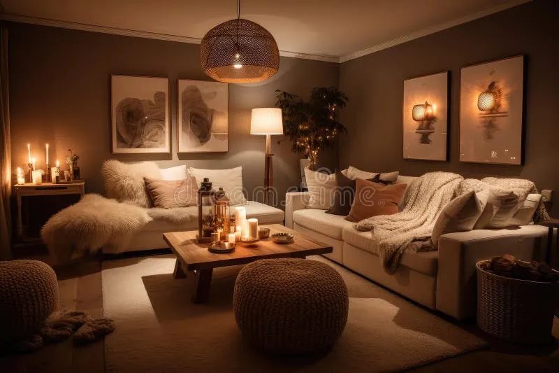 A quiet, cozy living room with a lit candle as a memorial for a pet.