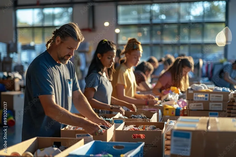 Volunteers sorting donations for Hurricane Harvey