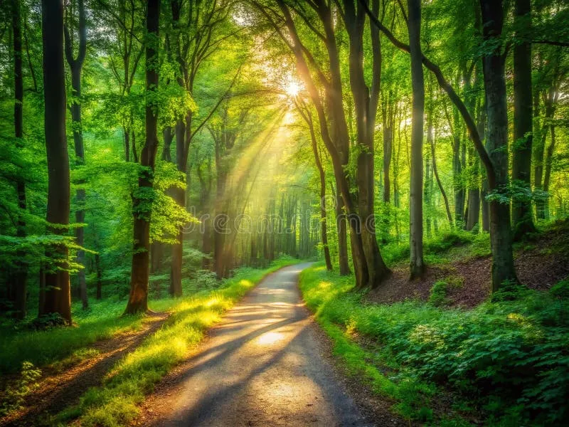 A path through a lush green forest at sunrise