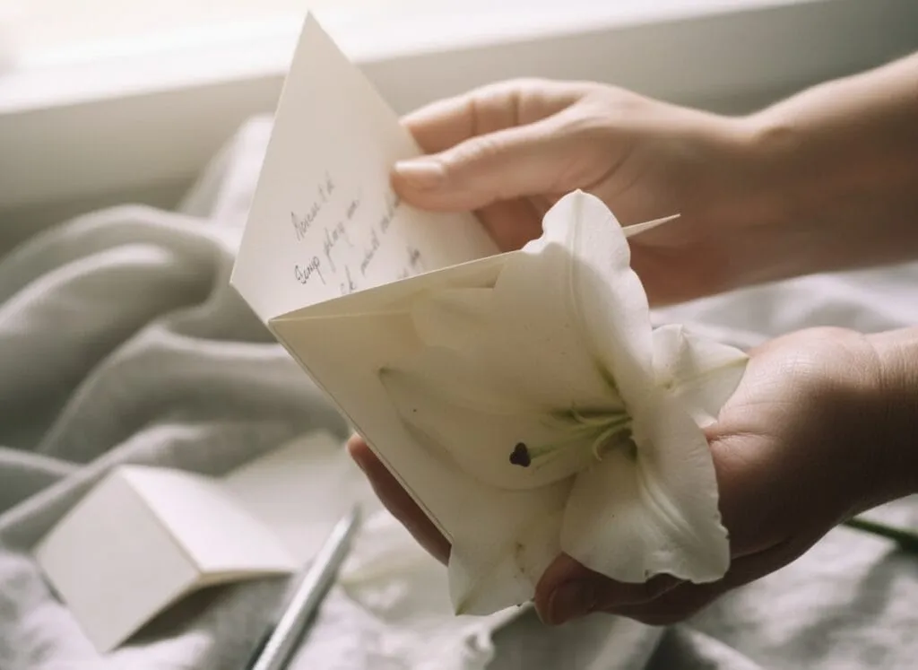 A hand-written note on high-quality stationery with a dried flower