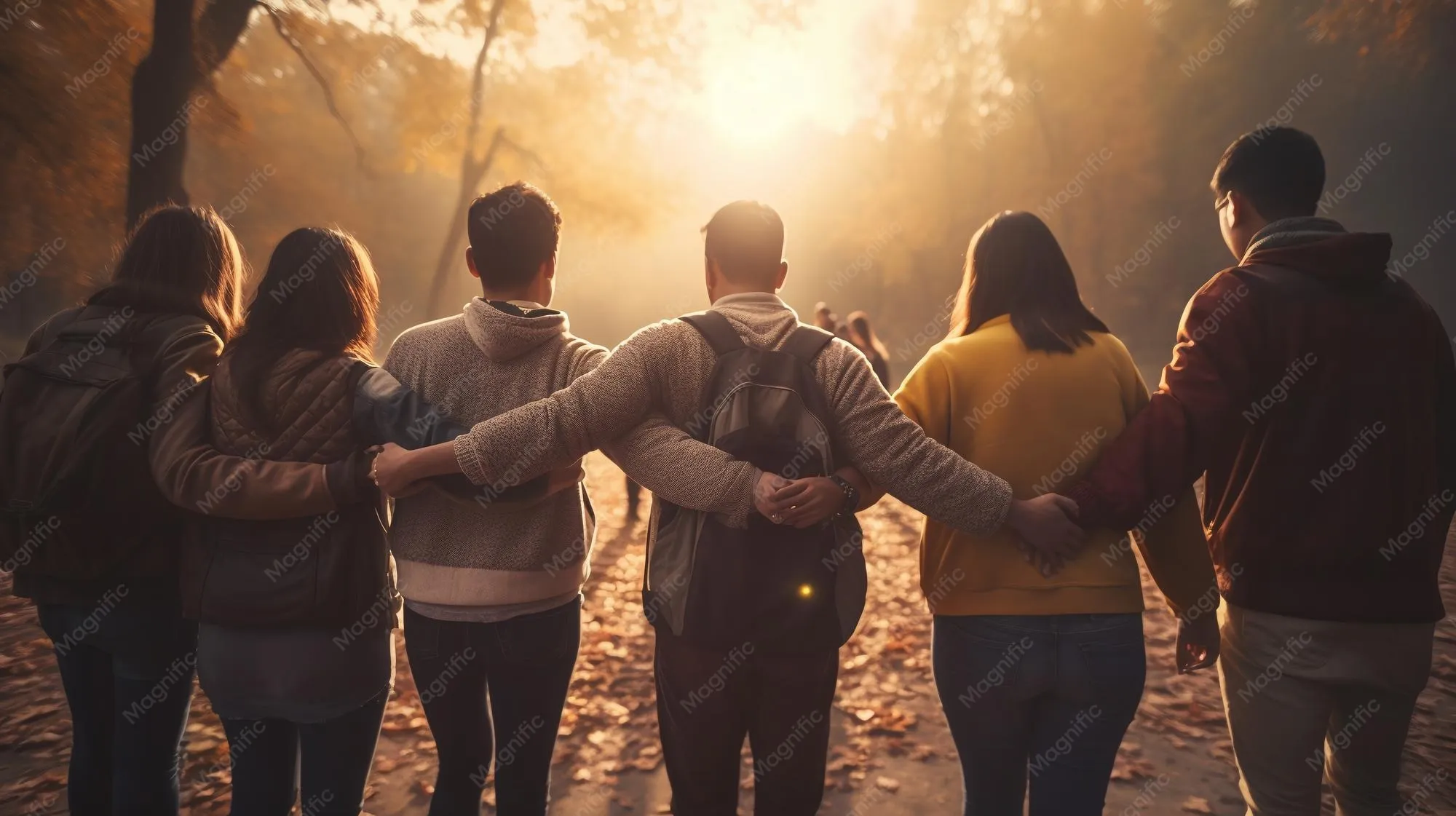 A group of people supporting each other in a quiet garden setting